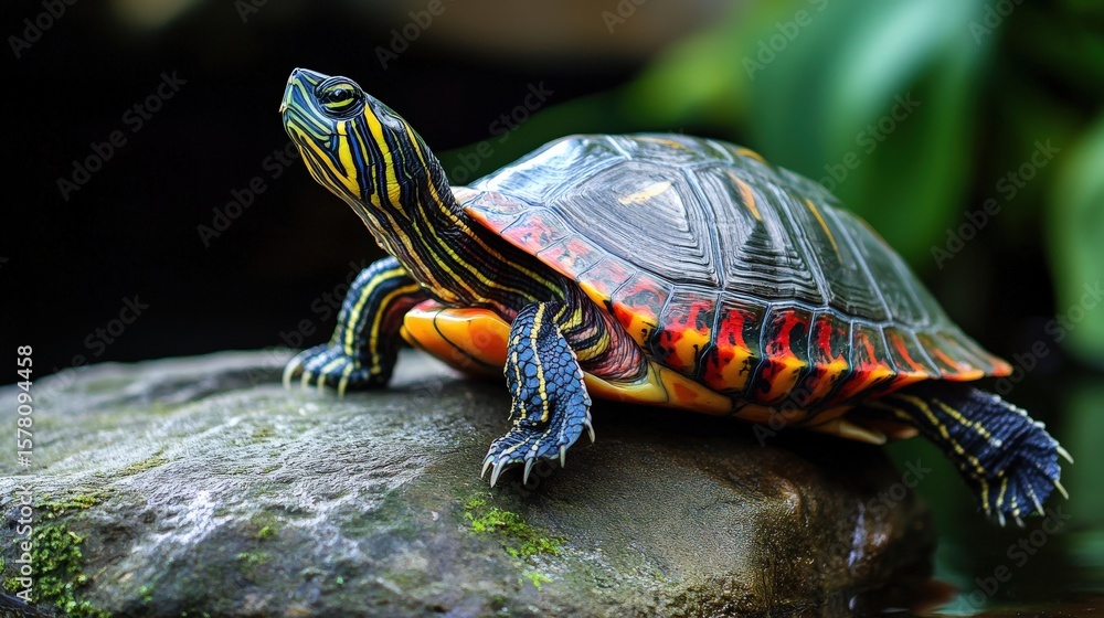 Obraz premium Vibrant colorful turtle resting on a rock.
