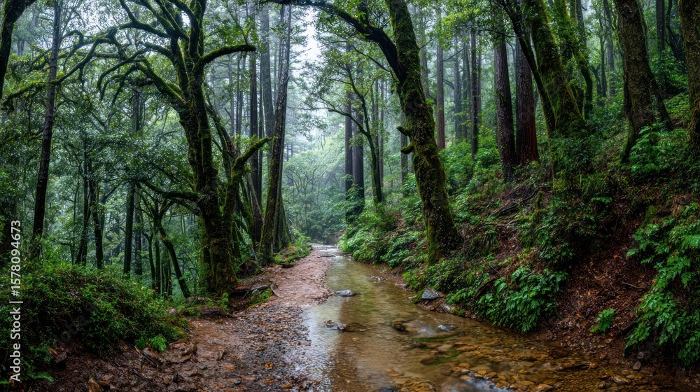 Fototapeta premium Lush forest trail in the rain