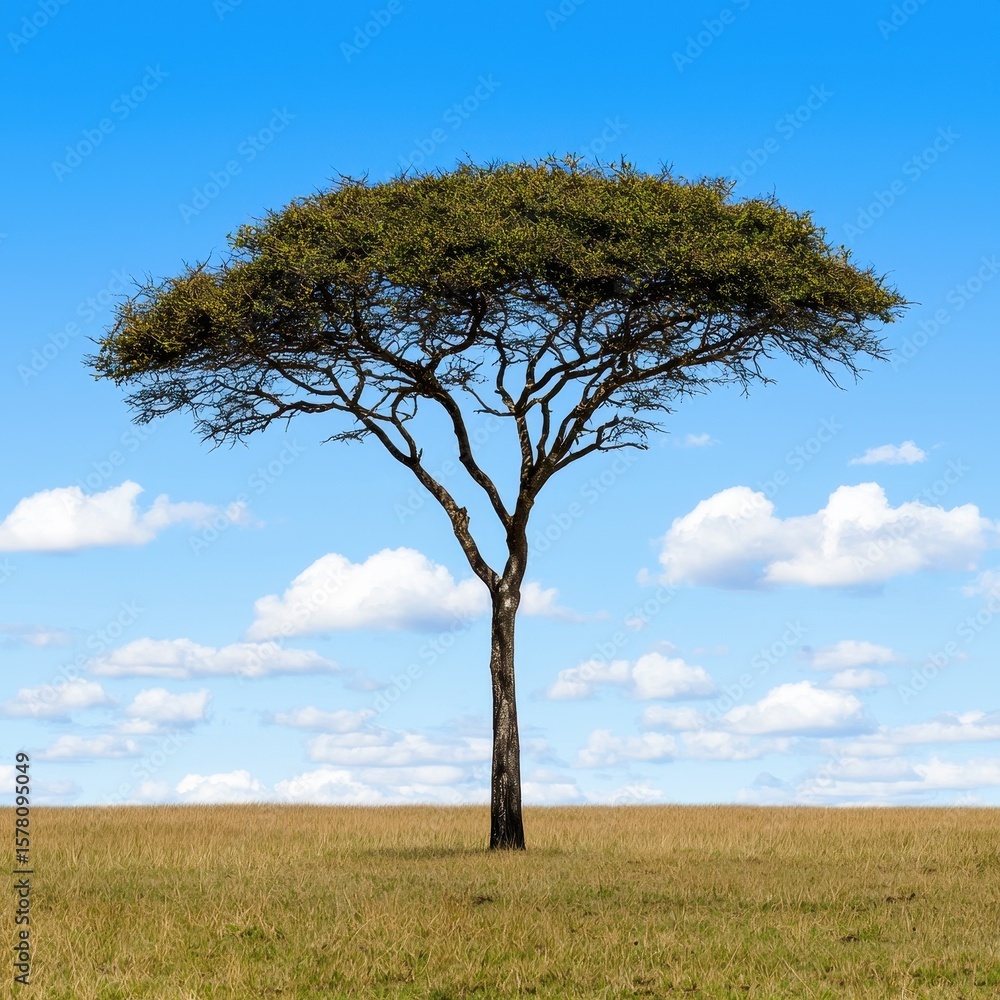 Fototapeta premium Single Acacia Tree in Grassland Under a Blue Sky