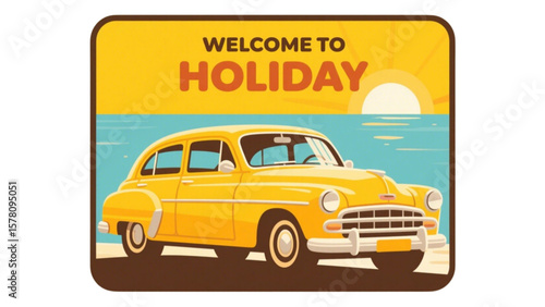 Vector Creative Holiday Illustration of Vintage Yellow Color Car with Gift on Roof, Retro Automobile Design, Celebration Transport, Travel Icon, Festive Vehicle Graphic for Card or Poster