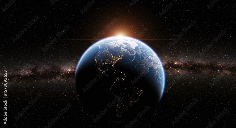 Fototapeta premium Earth From Space with Sunrise Bright Light and Starry Night Sky