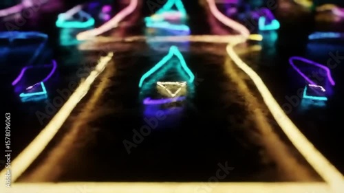 Vibrant blue neon light designs glow in the dark, illuminating a futuristic party celebration with electric energy