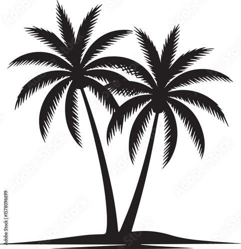 Tropical beach scene with silhouetted palm trees against a summer sky