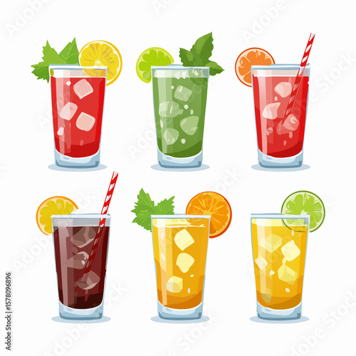 A bar menu cocktail in a highball glass, with a refreshing, colorful garnish on a plain white background 