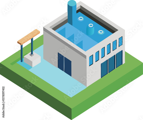 Flat isometric water treatment plant, public utility vector with white background.
