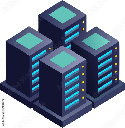 Isometric data centre racks with glowing LEDs, tech infrastructure with white background.