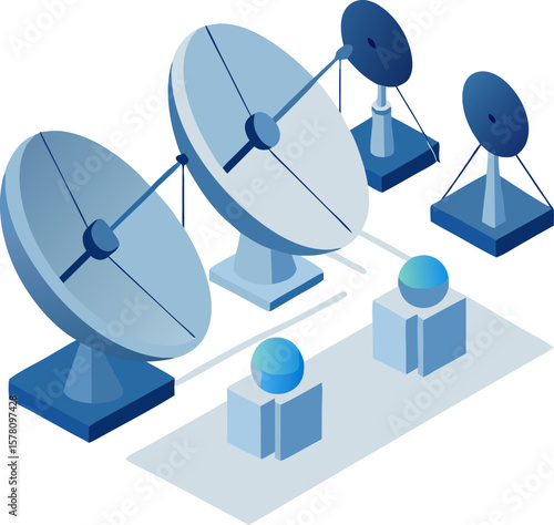 Isometric satellite dish array, communication infrastructure with white background.