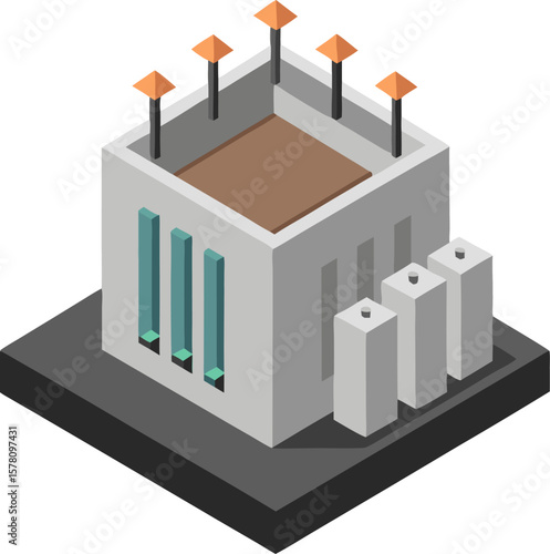 Flat 3D power substation in isometric view, energy grid with white background.
