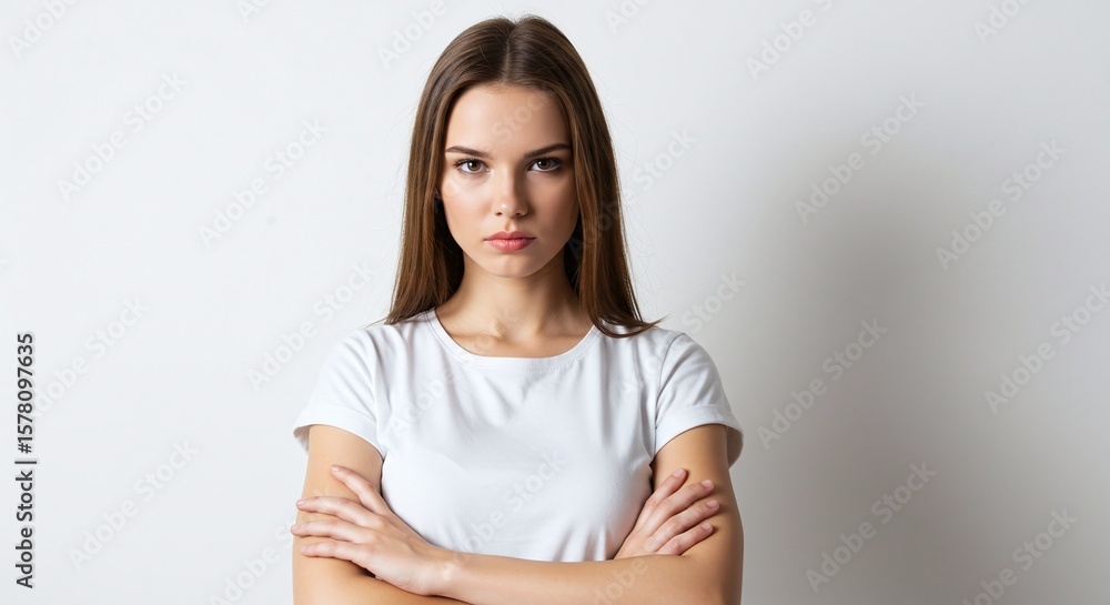 Obraz premium Young Woman with Long Brown Hair Wearing White T Shirt Standing Calm in Neutral Studio Background