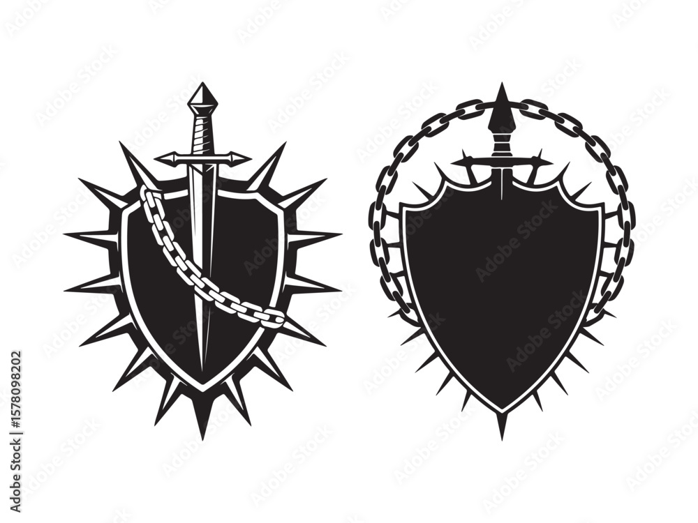 Fototapeta premium Gothic Sword Shield Silhouette Vector on White Background