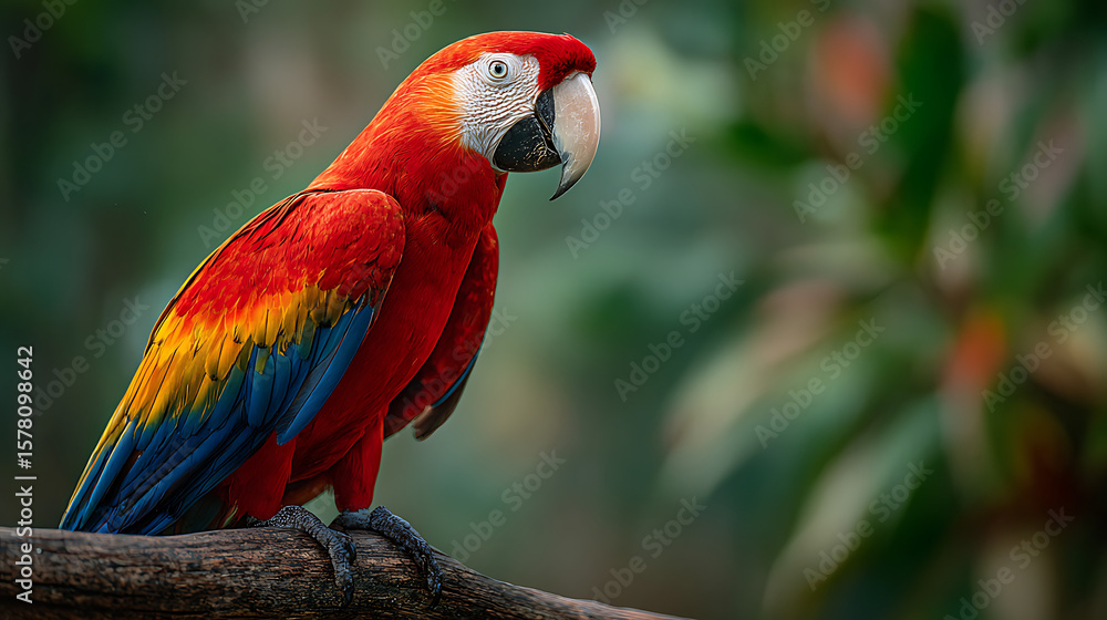 Obraz premium A parrot (scarlet macaw) standing on a high jungle perch overlooking the canopy, wings slightly open, camera focused on feathers and beak, blurred tropical background, cinematic vibrant colors.