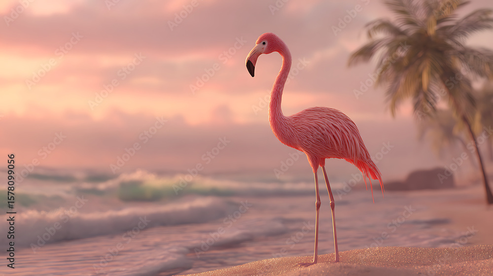 Naklejka premium A flamingo standing solo on a sandy tropical hill, camera focused on curved neck and legs, ocean waves and palms blurred in the background, cinematic calm with pastel sunset tones.