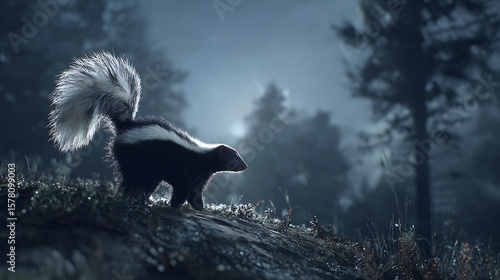 Wallpaper Mural A skunk standing on a moonlit forest ridge, fluffy tail raised, camera focused on its striped fur, background of trees and night fog blurred, cinematic tension and mystery. Torontodigital.ca