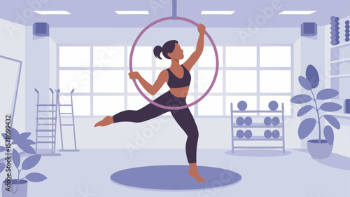 Minimalist Vector SVG Illustration of Female Aerial Acrobat in Gym Environment with Elegant Line Art Style and Monochrome Blue Palette