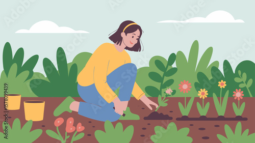 Vector SVG Illustration of Woman Gardening in Flat Modern Style with Bright Colors for Web and Digital Use