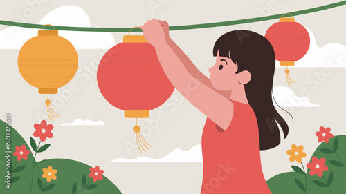 Minimalist Vector SVG Illustration of Girl Hanging Red Lanterns in Flat Design Style with Bright Colors for Web and Digital Media