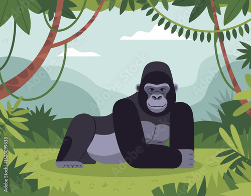 Vector SVG Illustration of a Gorilla in Jungle Scene with Flat Design Style and Natural Colors