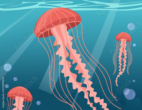 Illustration Vector SVG of Jellyfish in Modern Flat Design with Pink and Blue Colors for Digital Marine Theme