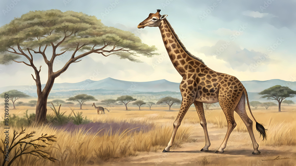 Obraz premium Beautiful giraffe walking through african savanna landscape wildlife animal illustration art painting
