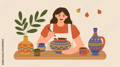 Illustration Vector SVG of Woman Pottery Artist with Colorful Vases in Flat Modern Style for Digital Design