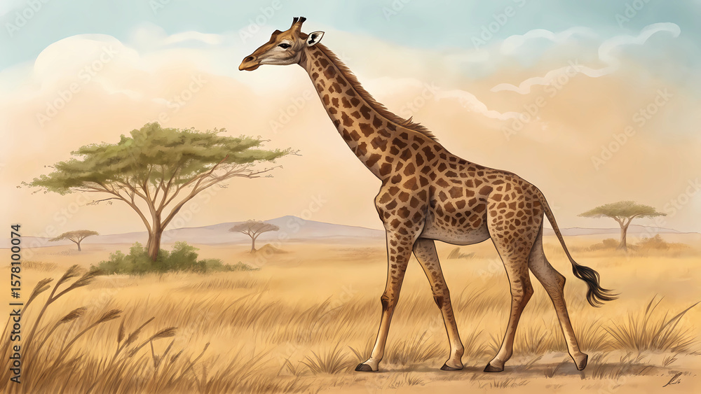 Obraz premium Giraffe illustration in african savanna landscape wildlife safari animal art print for kids room decor