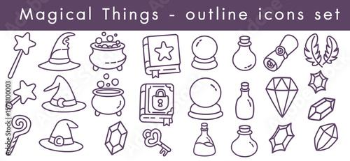 Magical wand witch hat bubbling cauldron spell book crystal ball potion bottle magic scroll feather quill mystical gem enchanted key outline icons