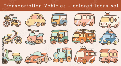 Transportation icons set includes bicycle car tuk tuk bus ambulance scooter motorcycle snowmobile fire truck police car train and camper colorful