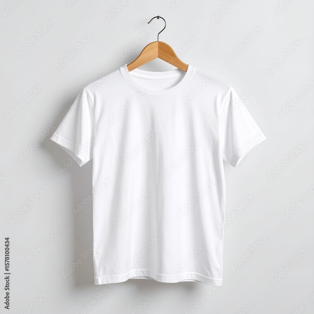 Blank White T-Shirt Mockup on Wooden Hanger, Ready for Design Blank White T-Shirt Mockup on Wooden Hanger, Ready for Design