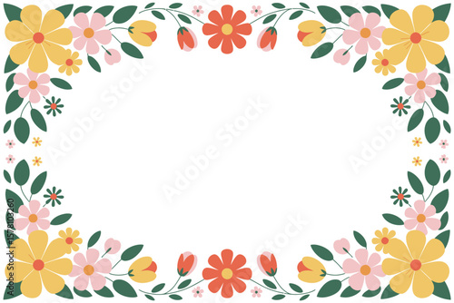 Floral frame with yellow, orange, and pink blossoms and green leaves creates a charming botanical design.