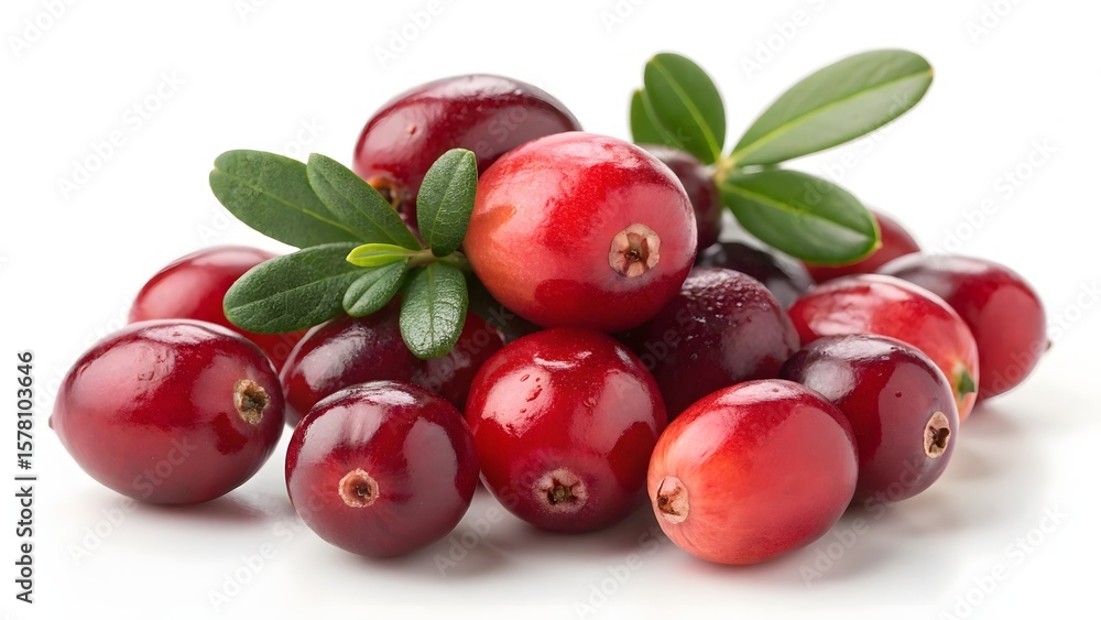 Obraz premium Fresh Ripe Cranberries with Green Leaves on White Background