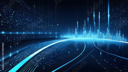 Abstract digital artwork depicting a glowing highway leading a futuristic cityscape night, symbolizing technological advancement progress.