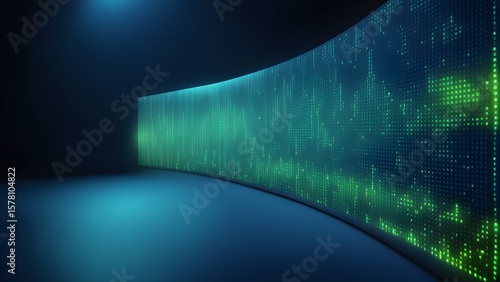 Abstract image a curved wall displaying a matrix glowing green code a dark blue room.