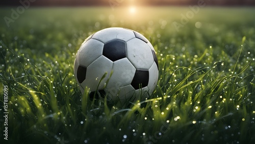 A soccer ball rests dewy grass sunrise, bathed warm golden light.