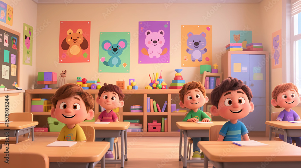 Fototapeta premium Smiling Kids Learning in Bright Classroom with Cute Animal Wall Posters – 3D Illustration
