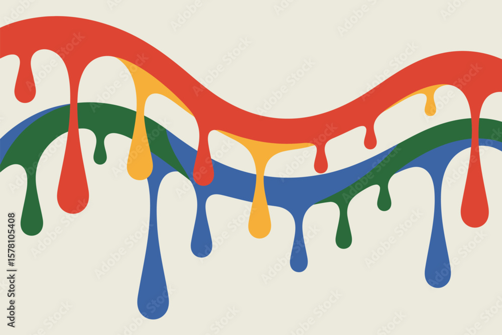 Naklejka premium Colorful paint streams down in a wavy, artistic design that features red, green, blue and yellow liquid drips on off-white background.