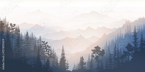 Sunrise in the mountains, wild forest, misty silhouettes of ridges, vector illustration