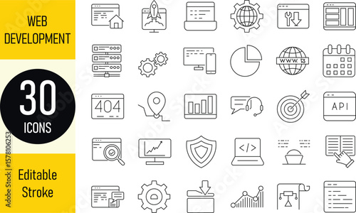 Web Development Line Icon Set – 30 Editable Stroke Icons for Coding, Design and Deployment