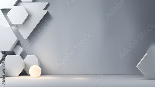 A softly lit, minimalist room features a white sphere against a backdrop geometric shapes, creating a serene modern atmosphere.