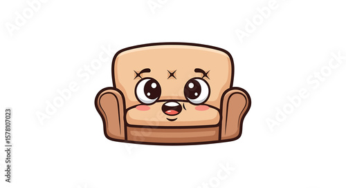 Cartoon illustration of a cute, anthropomorphic sofa with big eyes and a smiling face.