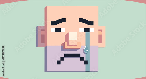 Pixelated face of a crying man with a sad expression and a single tear rolling down.
