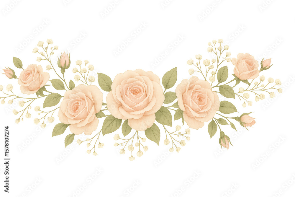 Naklejka premium Soft peach roses intertwined with delicate baby's breath forming elegant floral garland against pristine transparent backdrop