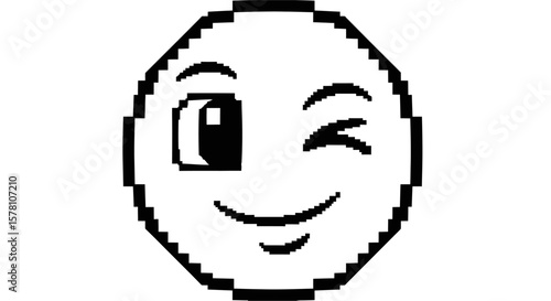 A pixelated, white, smiling face winking with one eye closed, set against a white background.
