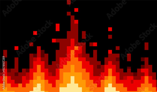 Pixelated flames rise against a dark background, creating a stylized representation of fire.