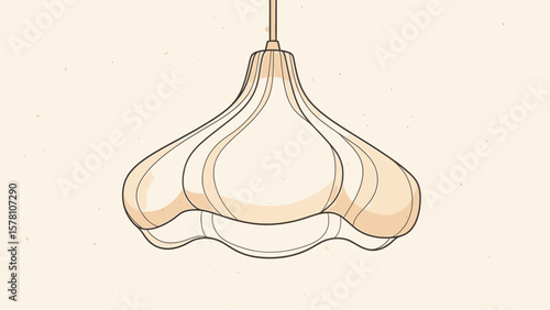 A light beige, bulbous pendant lamp, outlined in light beige lines, hangs against a pale background.