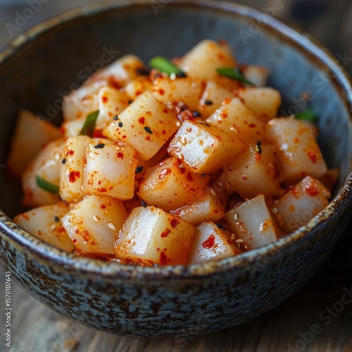 closeup of kkakdugi radish kimchi in a ceramic bowl cubed spicy fermented daikon macro detail photography rustic background