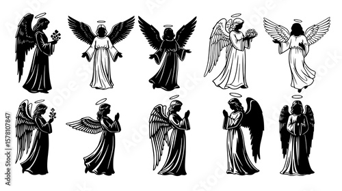 A collection of diverse angel illustrations with varying poses and expressions