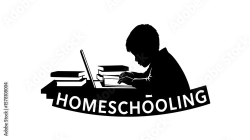 A young student diligently studying on a laptop, with books and the word homeschooling