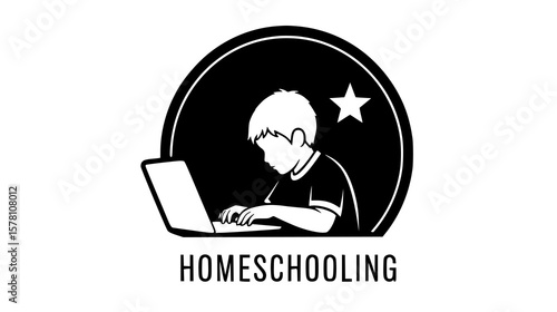 A child learning on a laptop within a circular emblem, featuring the text homeschooling and a star