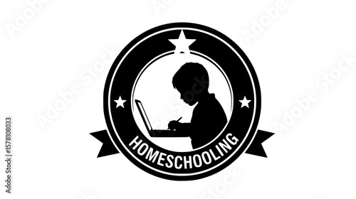 A child studies at a laptop, symbolizing homeschooling and online education with an award
