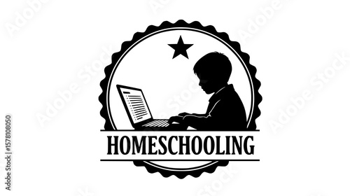 A child studies at a laptop, symbolizing homeschooling and online education with an award